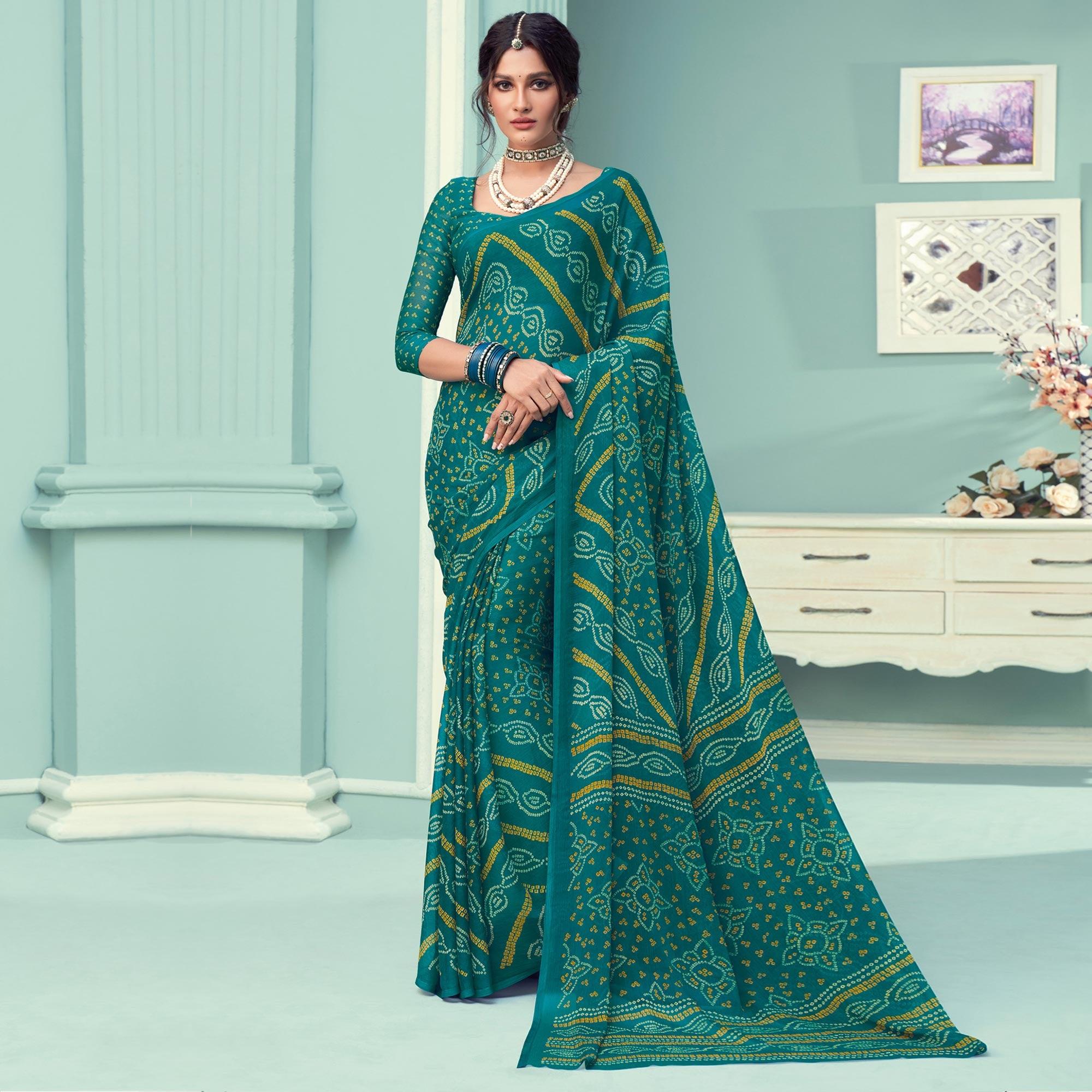 Green Casual Wear Printed Chiffon Bandhani Saree - Peachmode