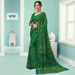 Green Casual Wear Printed Chiffon Bandhani Saree - Peachmode