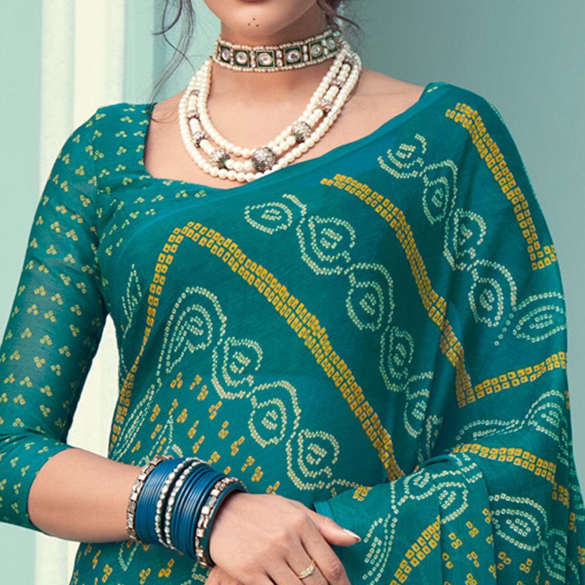 Green Casual Wear Printed Chiffon Bandhani Saree - Peachmode