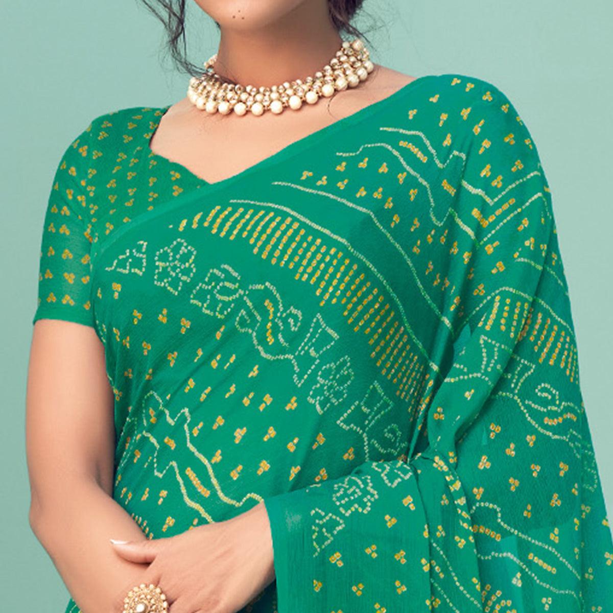 Green Casual Wear Printed Chiffon Bandhani Saree - Peachmode