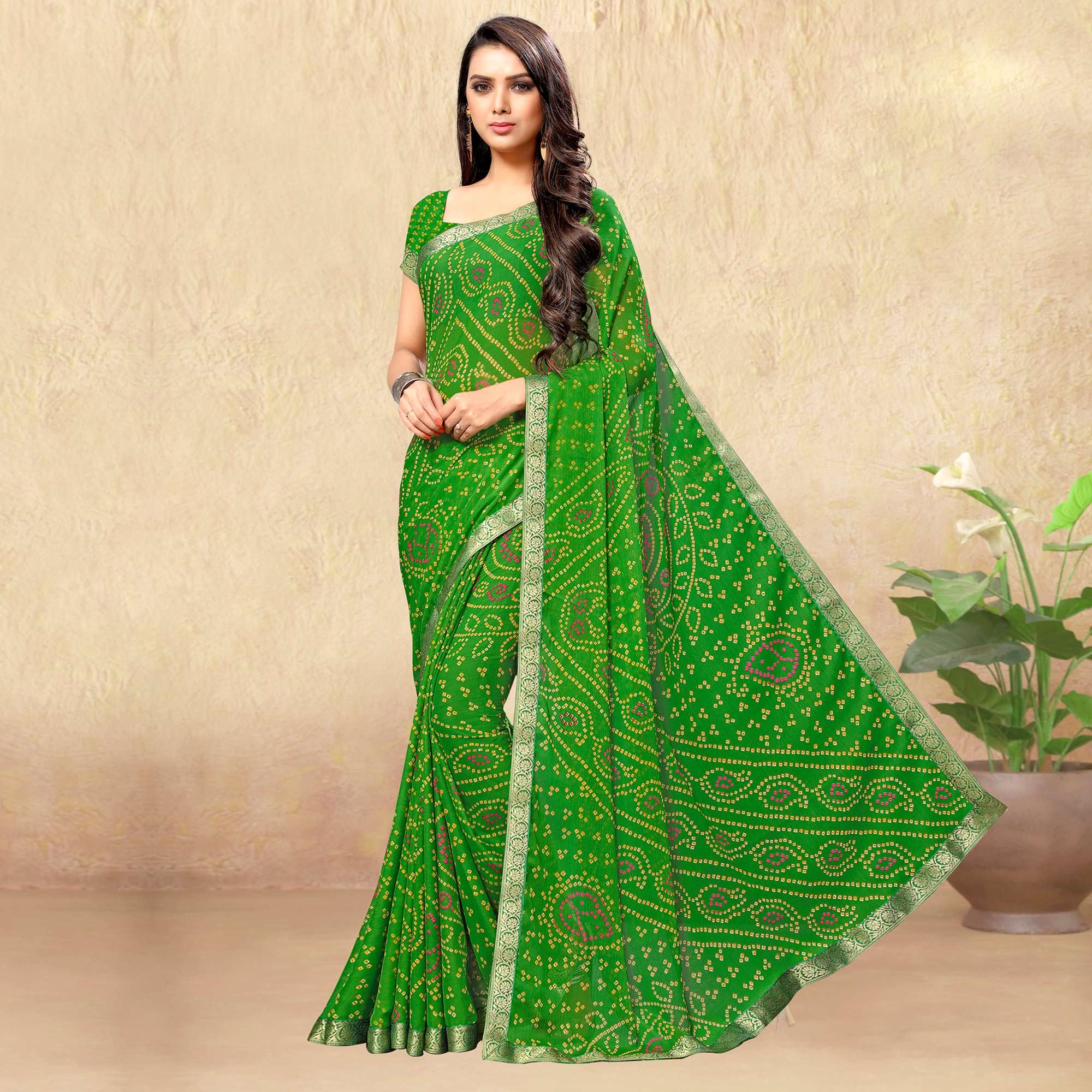 Green Casual Wear Printed Chiffon Saree - Peachmode