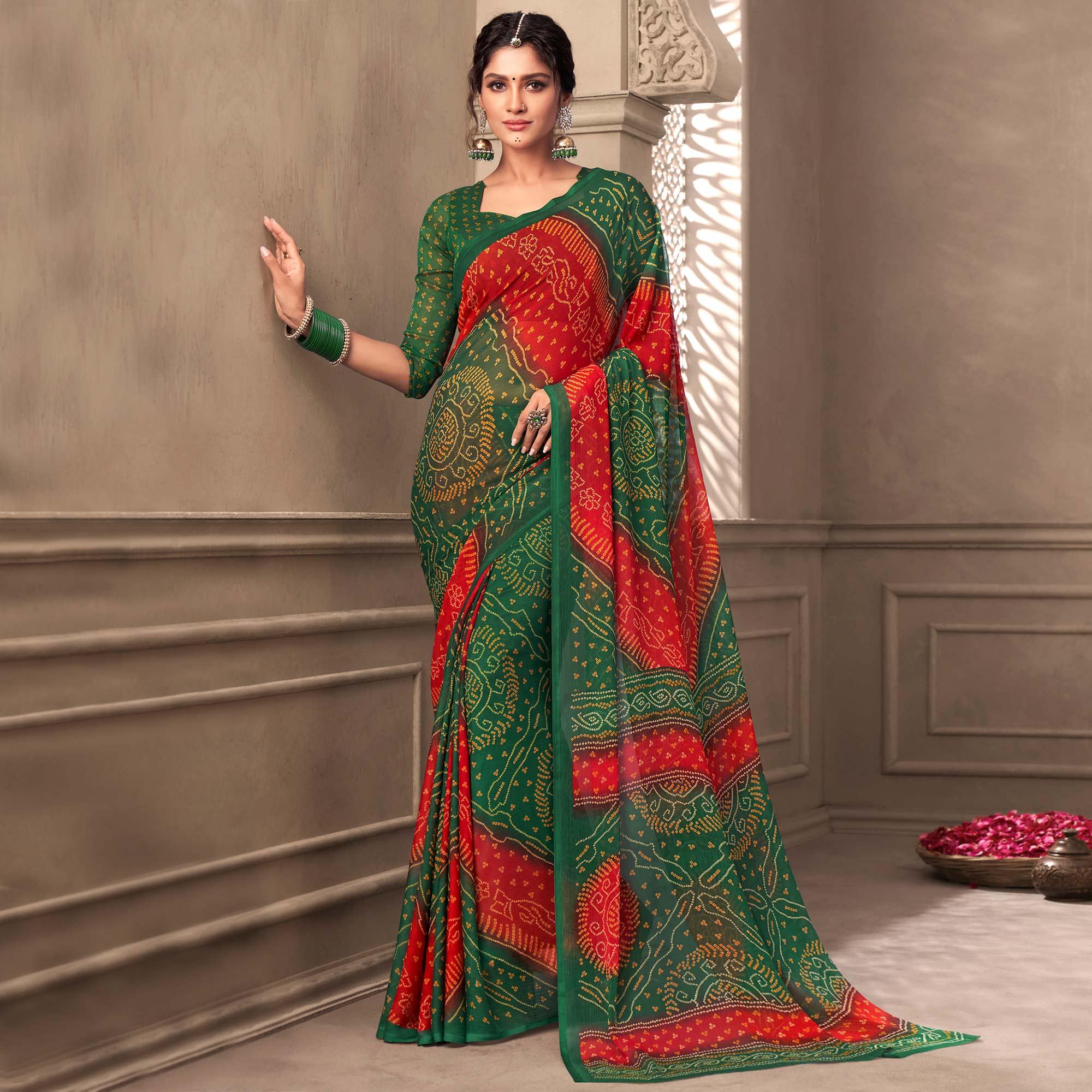 Green Casual Wear Printed Chiffon Saree - Peachmode