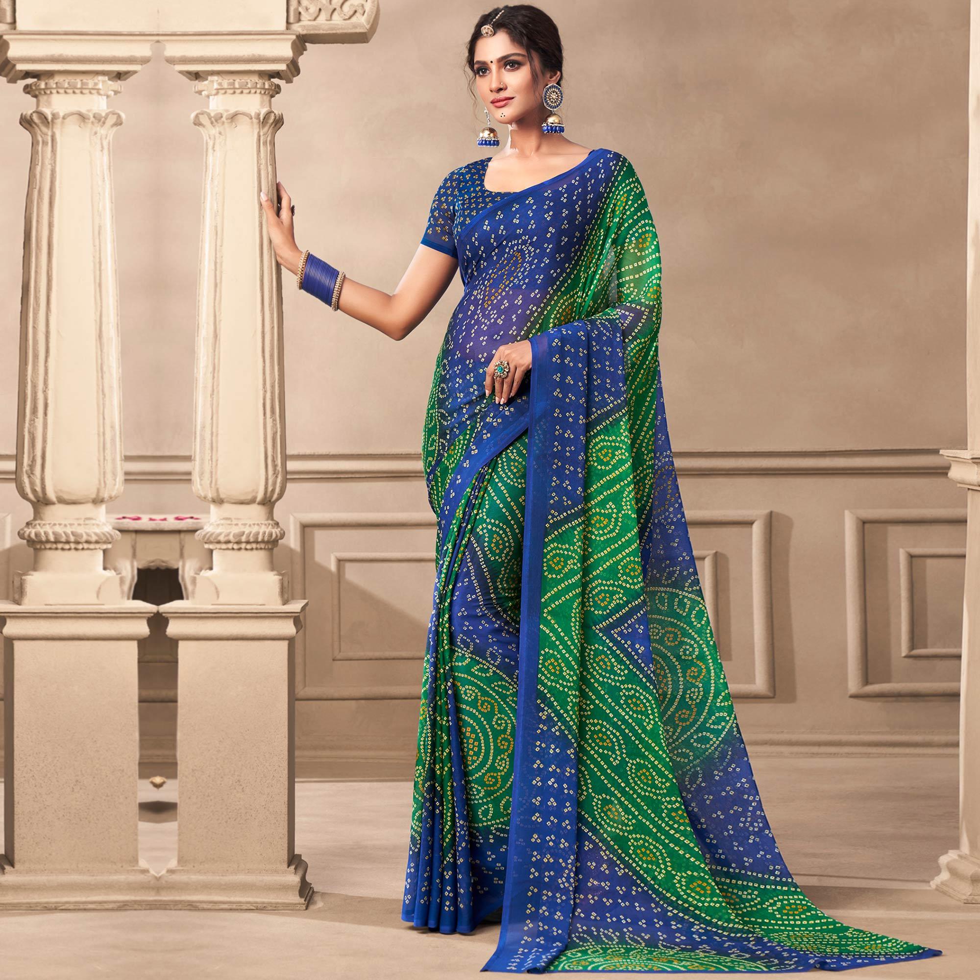 Green Casual Wear Printed Chiffon Saree - Peachmode