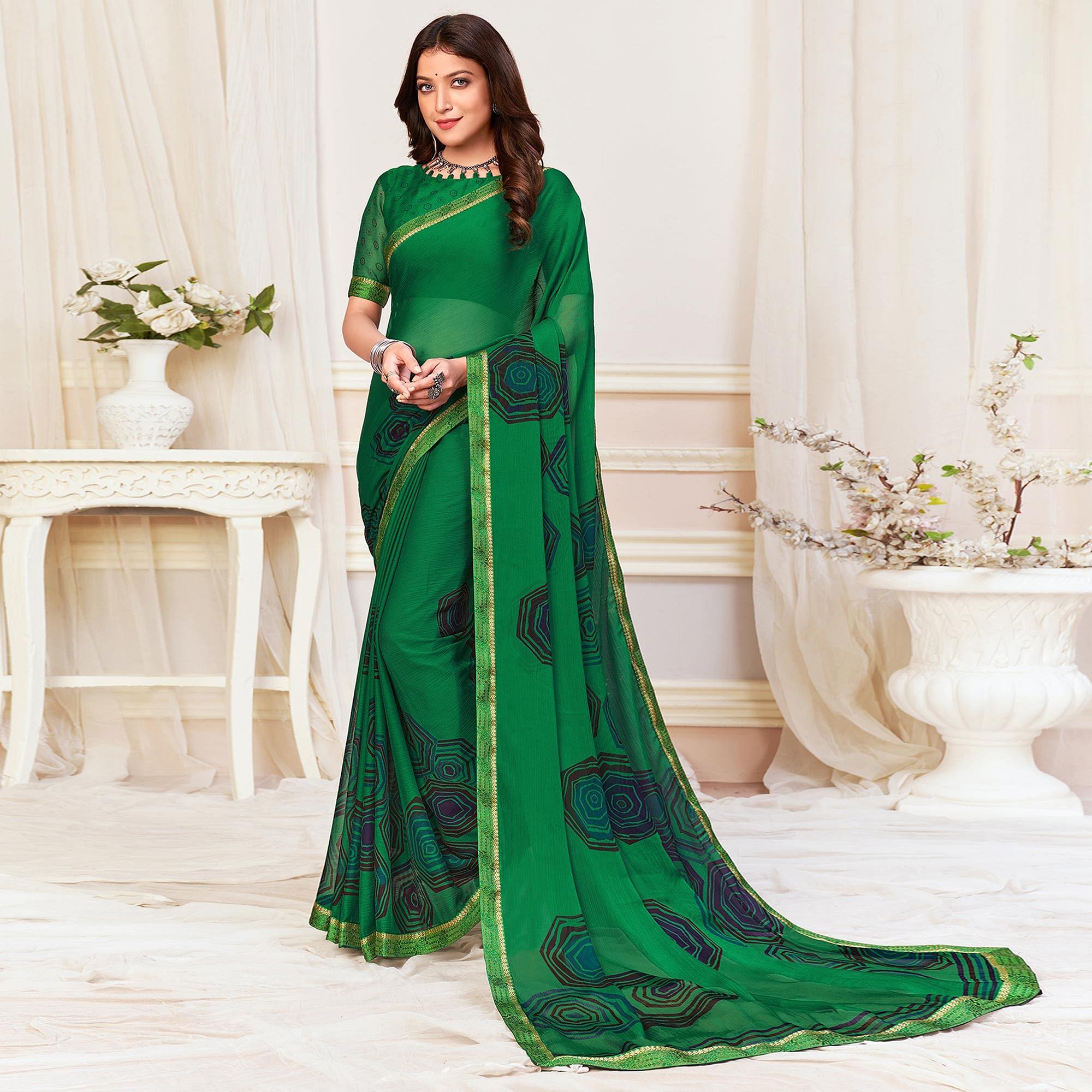 Green Casual Wear Printed Chiffon Saree - Peachmode