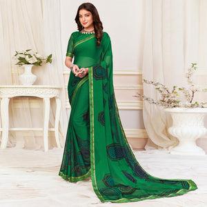Green Casual Wear Printed Chiffon Saree - Peachmode