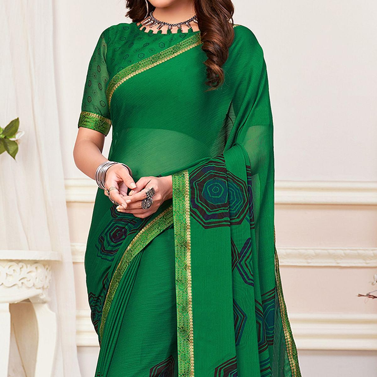 Green Casual Wear Printed Chiffon Saree - Peachmode