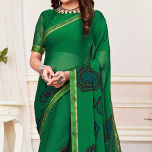 Green Casual Wear Printed Chiffon Saree - Peachmode