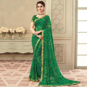 Green Casual Wear Printed Chiffon Saree with Banarasi Border - Peachmode