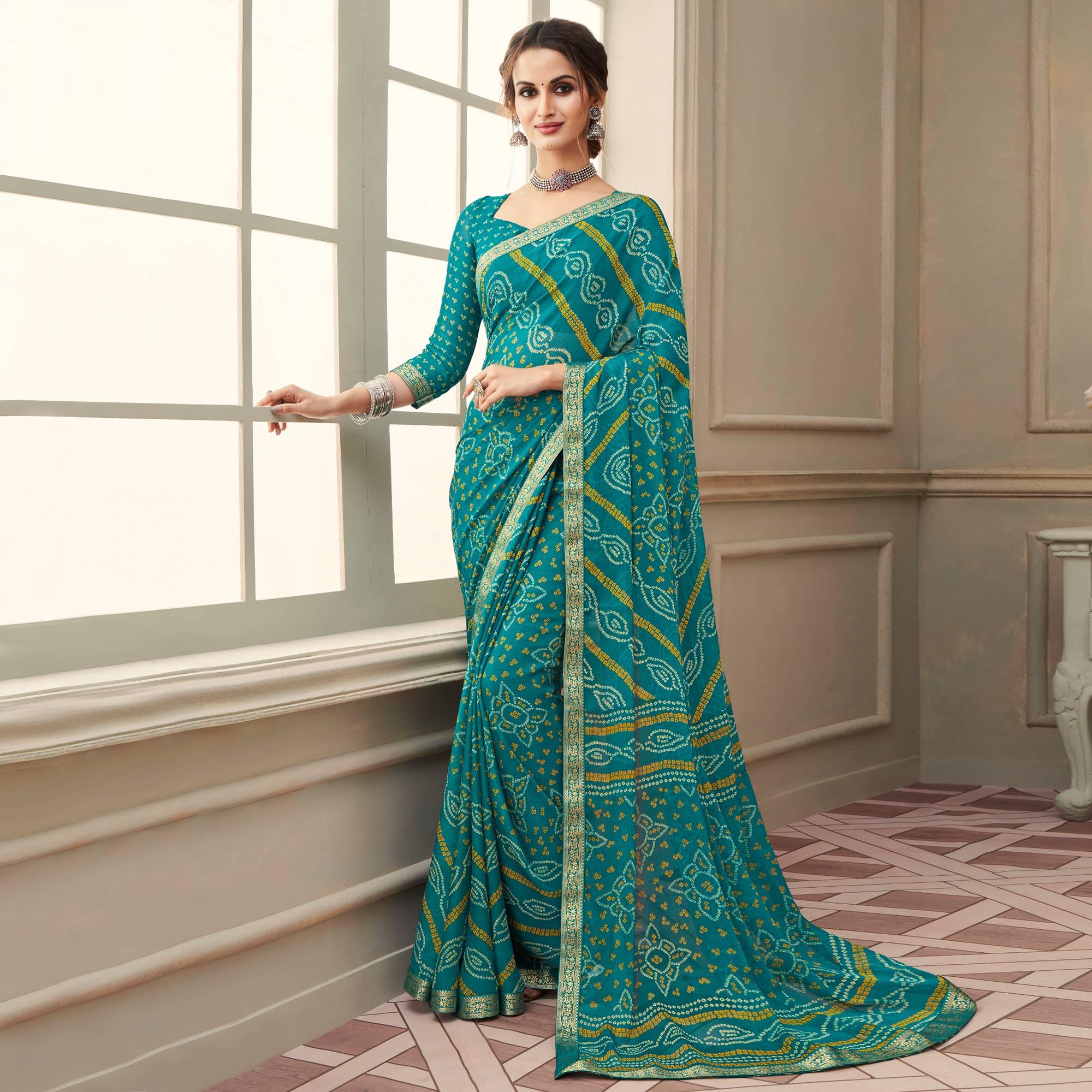 Green Casual Wear Printed Chiffon Saree with Banarasi Border - Peachmode
