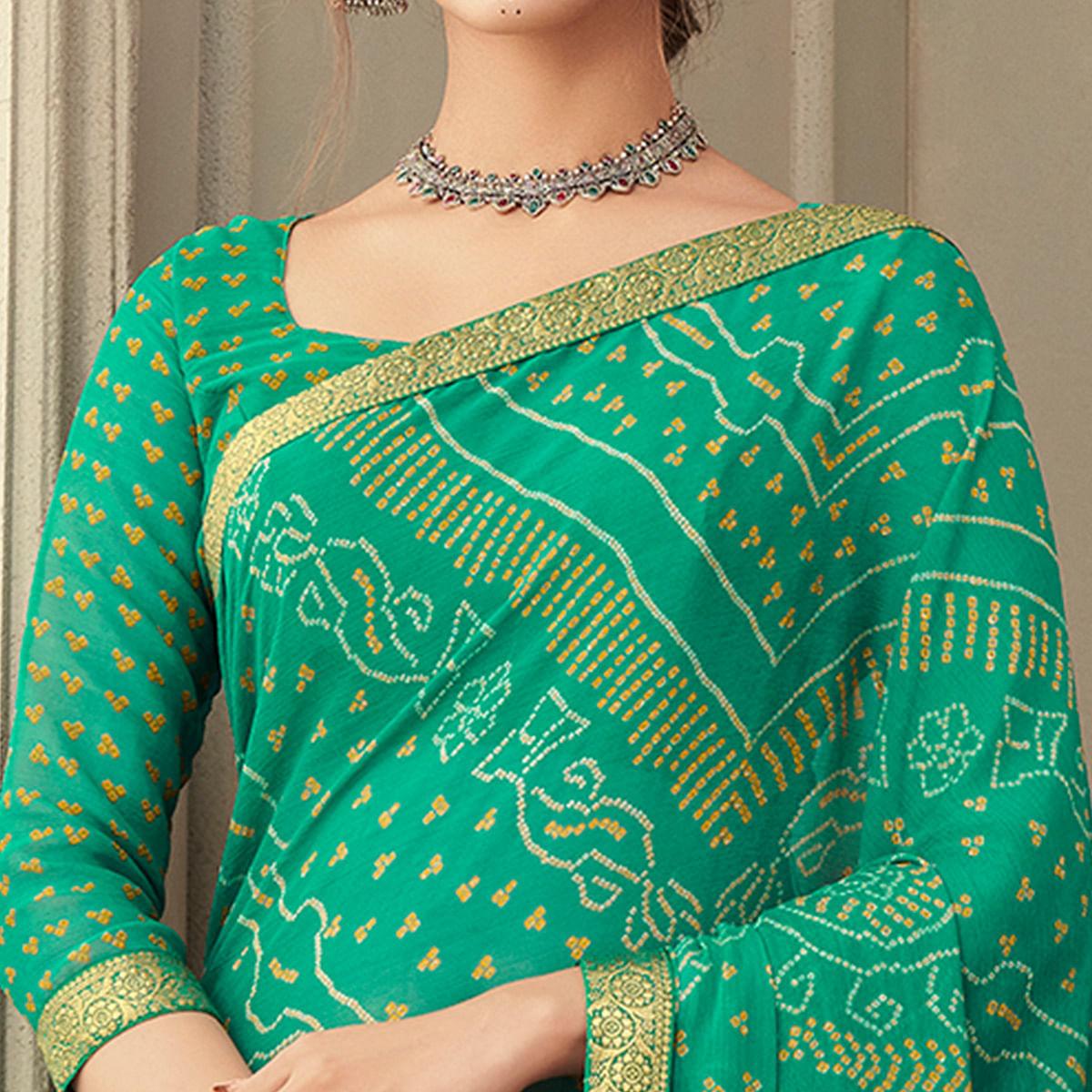 Green Casual Wear Printed Chiffon Saree with Banarasi Border - Peachmode
