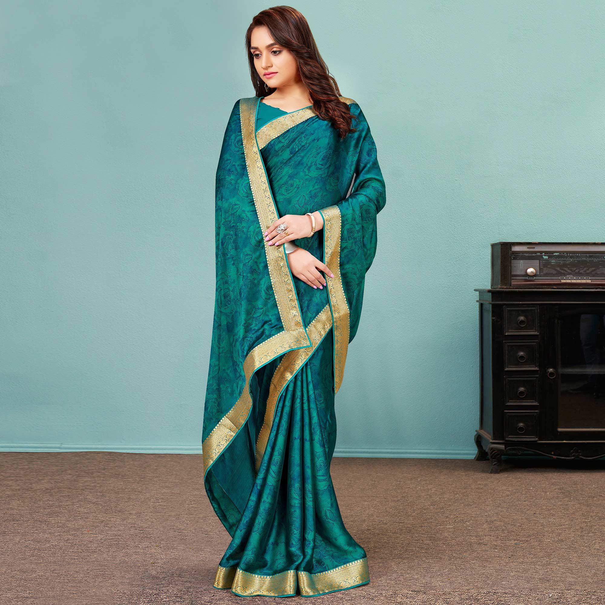 Green Casual Wear Printed Chiffon Saree With Banarasi Lace - Peachmode