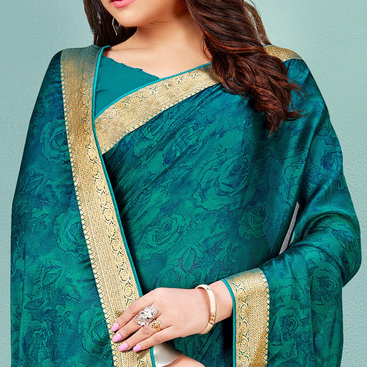 Green Casual Wear Printed Chiffon Saree With Banarasi Lace - Peachmode