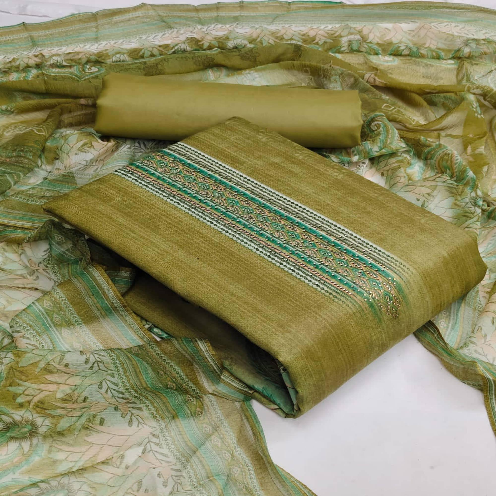 Green Casual Wear Printed Cotton Dress Material - Peachmode
