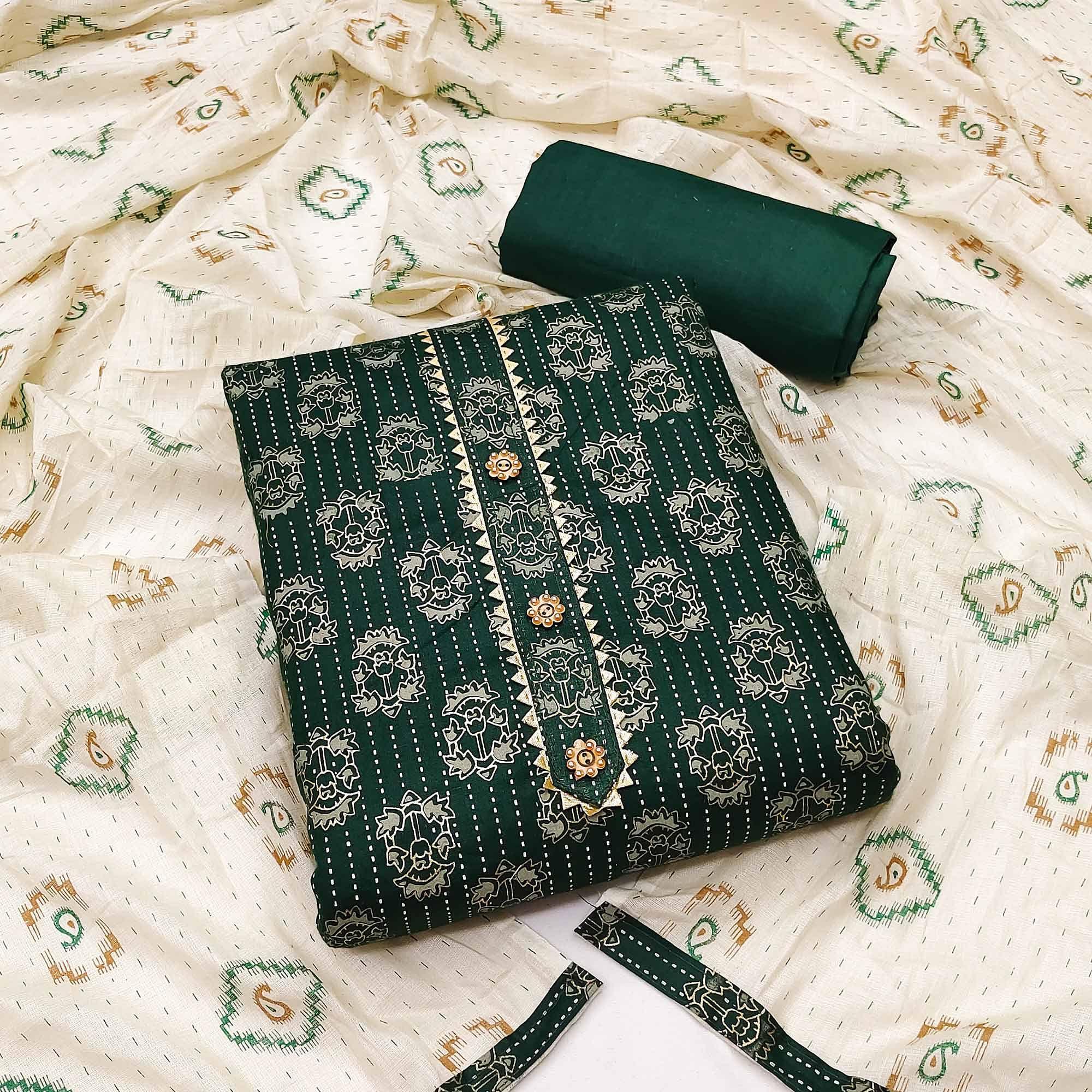 Green Casual Wear Printed Cotton Dress Material - Peachmode