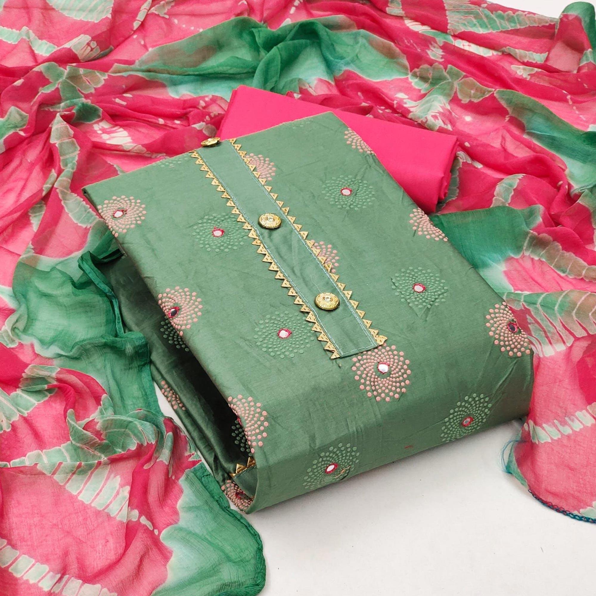 Green Casual Wear Printed Cotton Dress Material - Peachmode