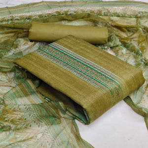 Green Casual Wear Printed Cotton Dress Material - Peachmode
