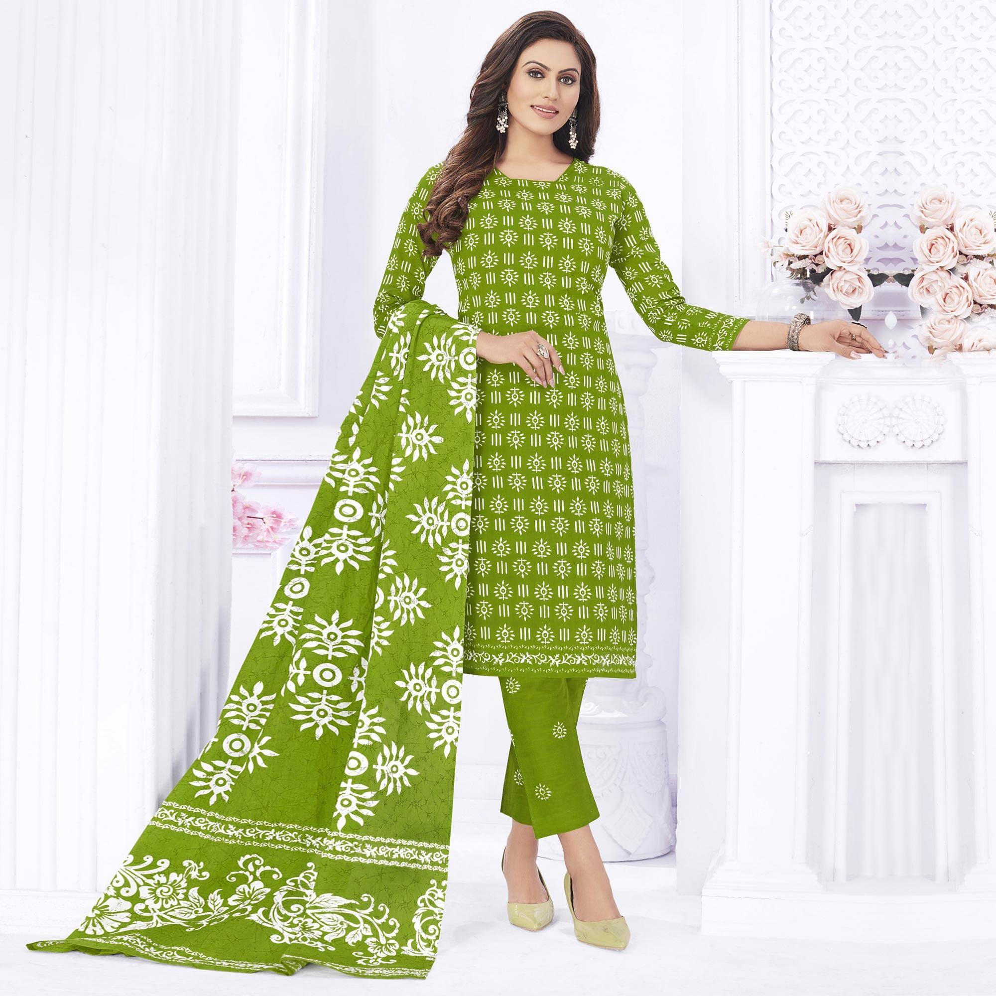 Green Casual Wear Printed Cotton Dress Material - Peachmode