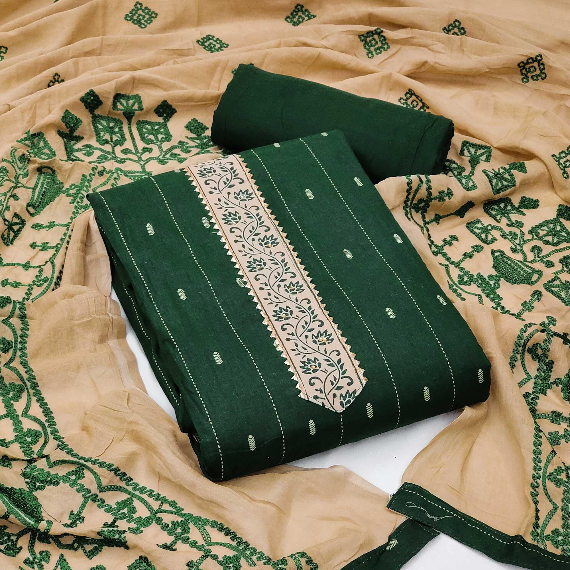 Green Casual Wear Printed Cotton Dress Material - Peachmode