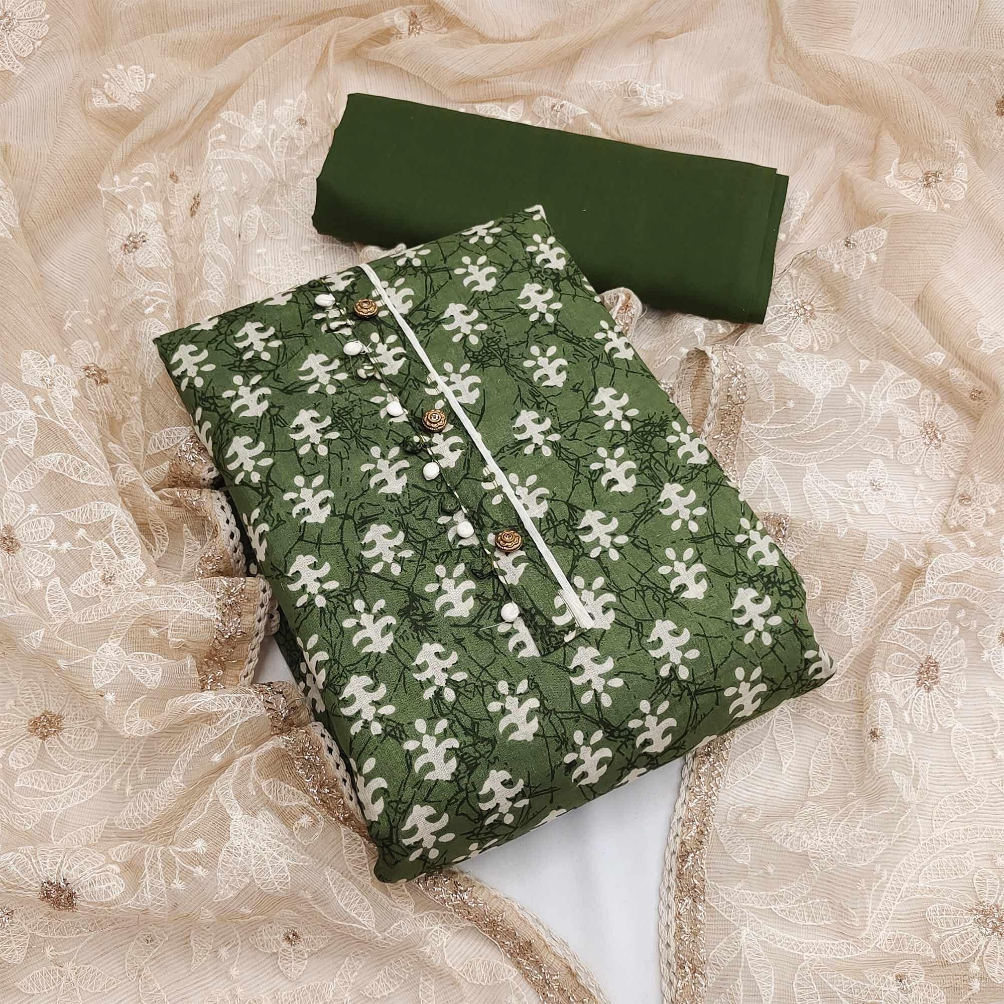 Green Casual Wear Printed Cotton Dress Material - Peachmode