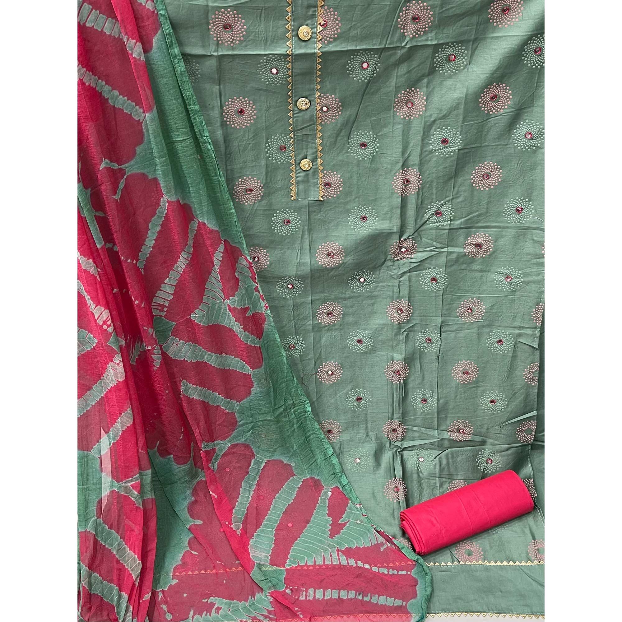 Green Casual Wear Printed Cotton Dress Material - Peachmode