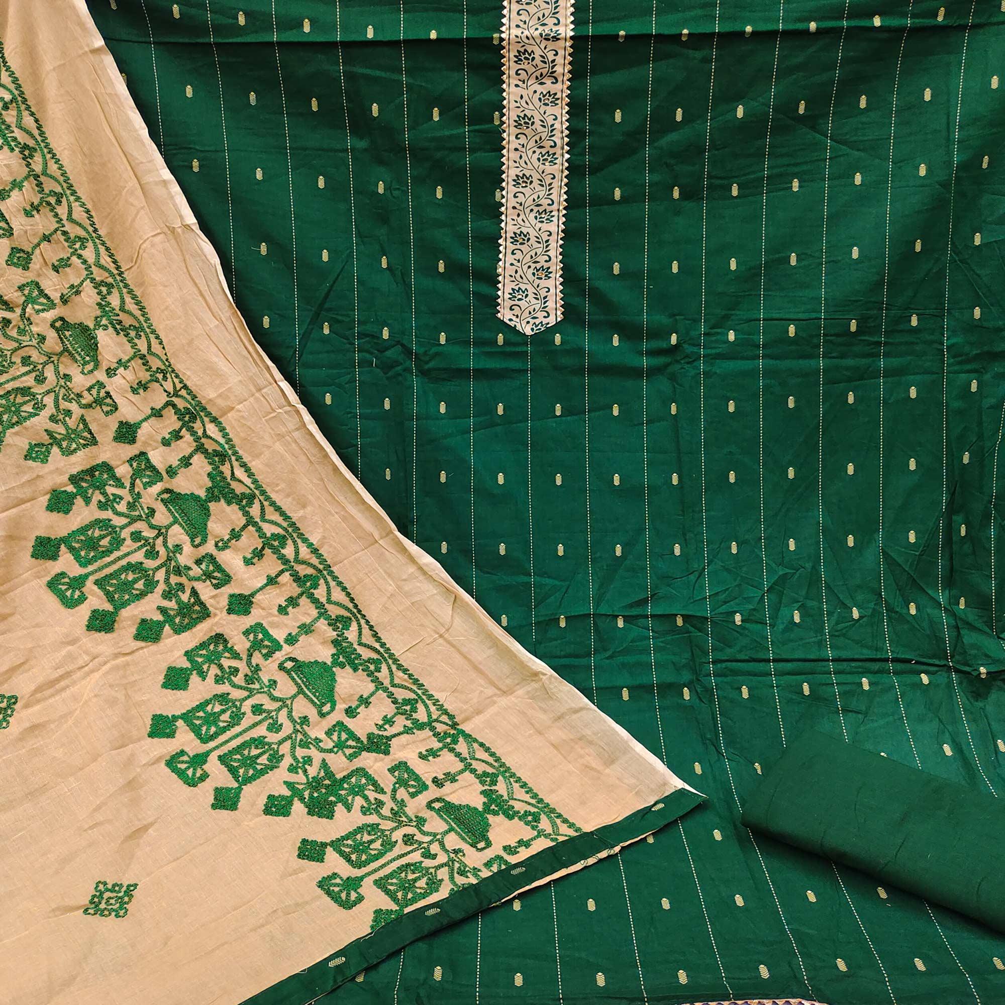 Green Casual Wear Printed Cotton Dress Material - Peachmode