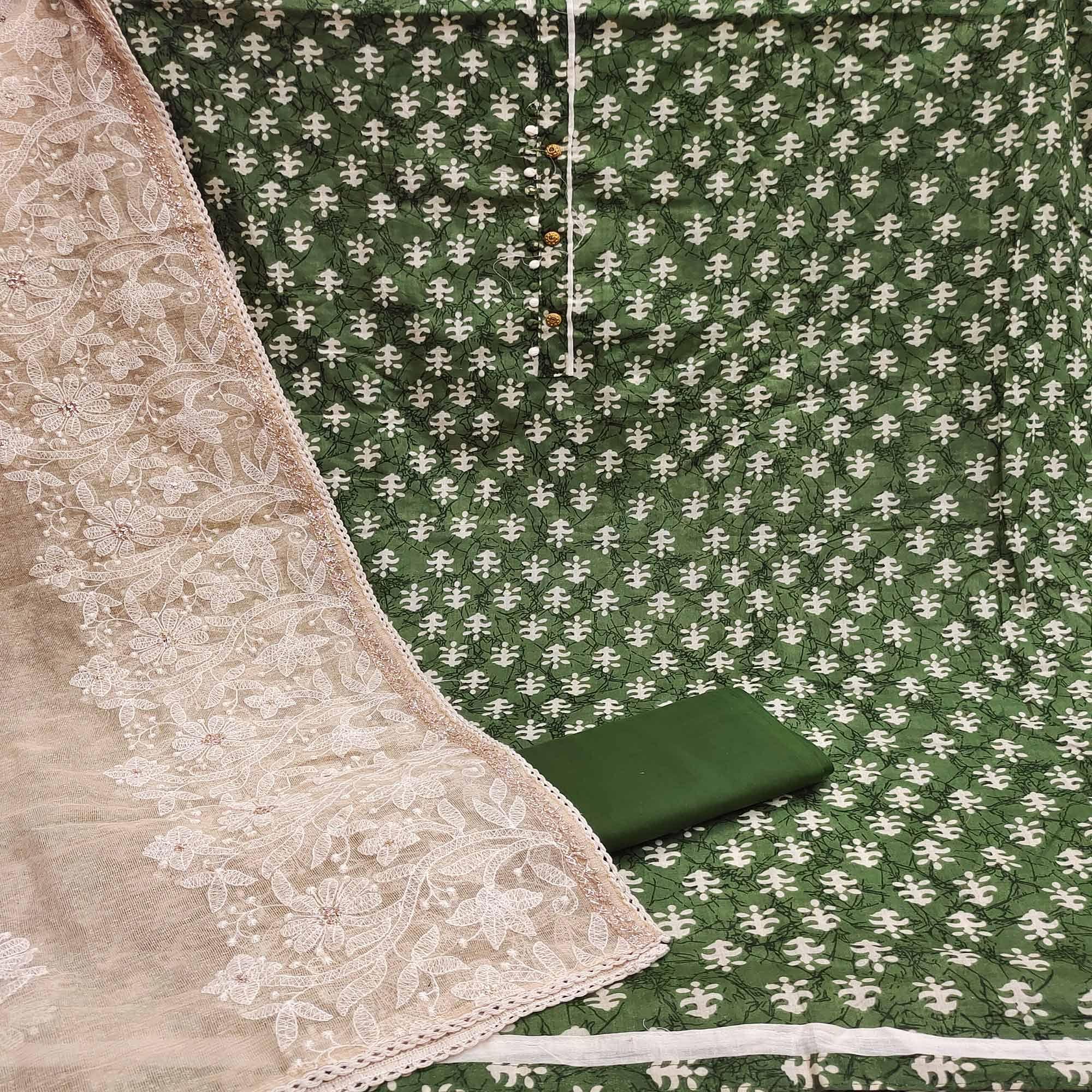 Green Casual Wear Printed Cotton Dress Material - Peachmode