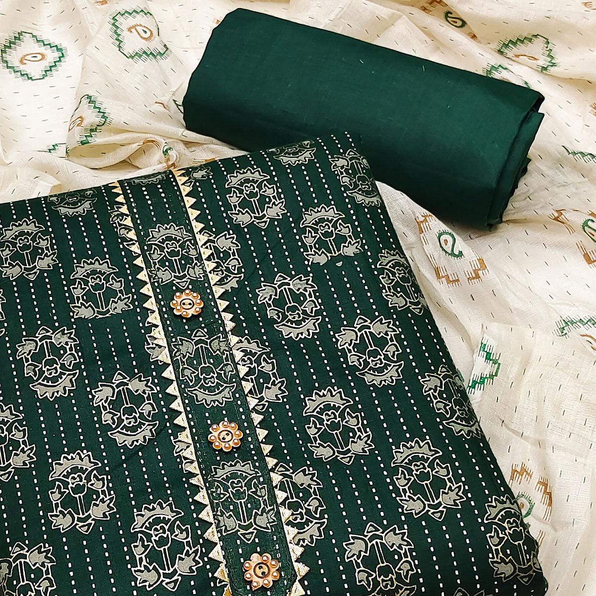 Green Casual Wear Printed Cotton Dress Material - Peachmode