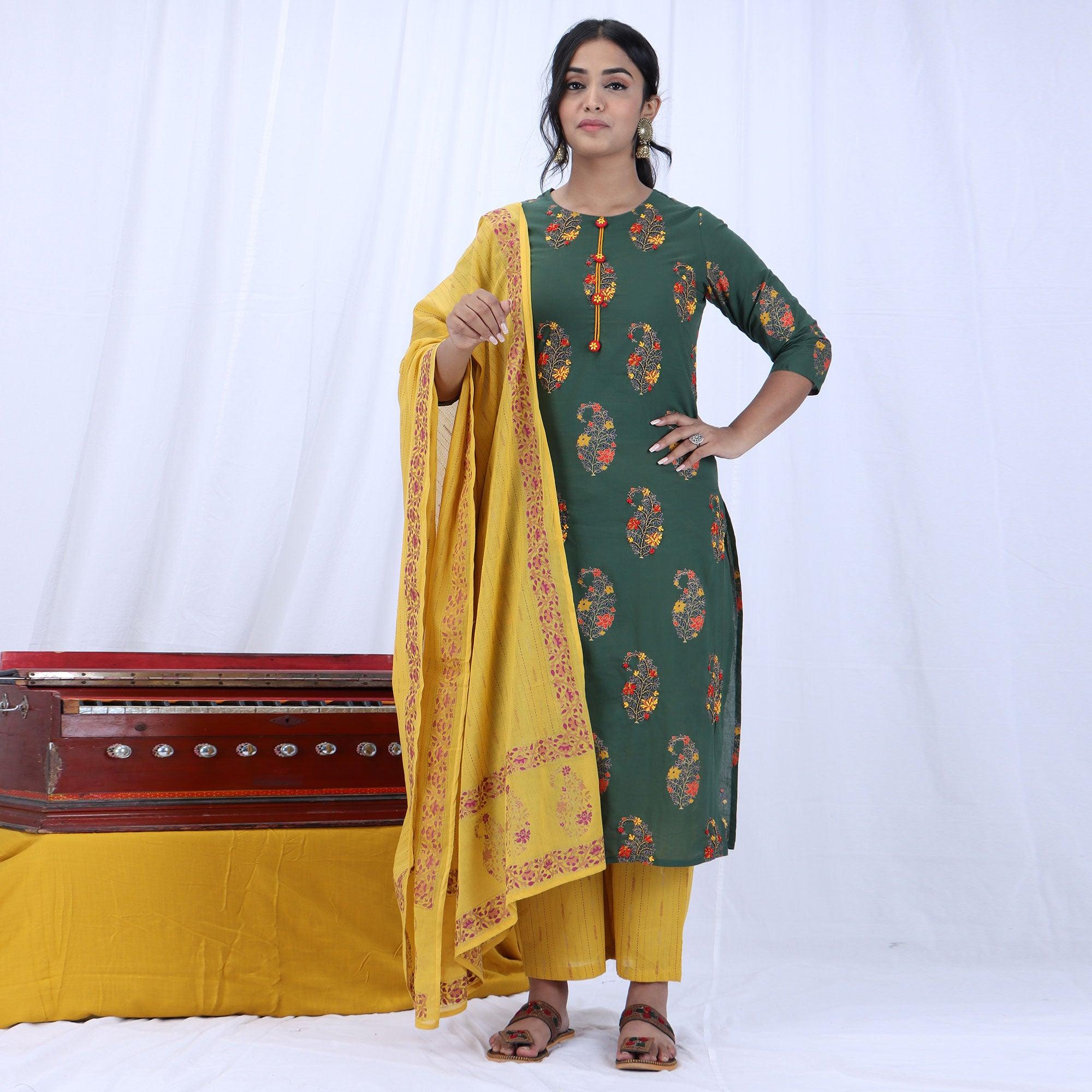 Green Casual Wear Printed Cotton Kurti - Pant Set With Dupatta - Peachmode