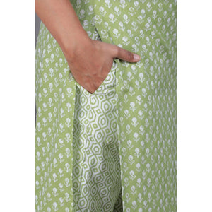 Green Casual Wear Printed Cotton Kurti Pant Set With Dupatta - Peachmode