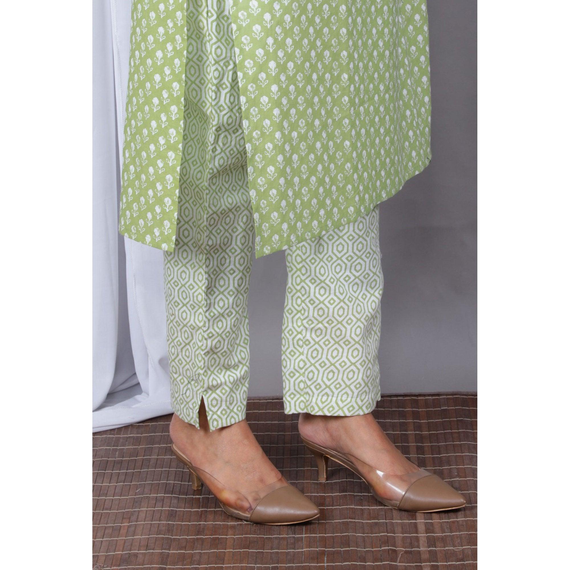 Green Casual Wear Printed Cotton Kurti Pant Set With Dupatta - Peachmode