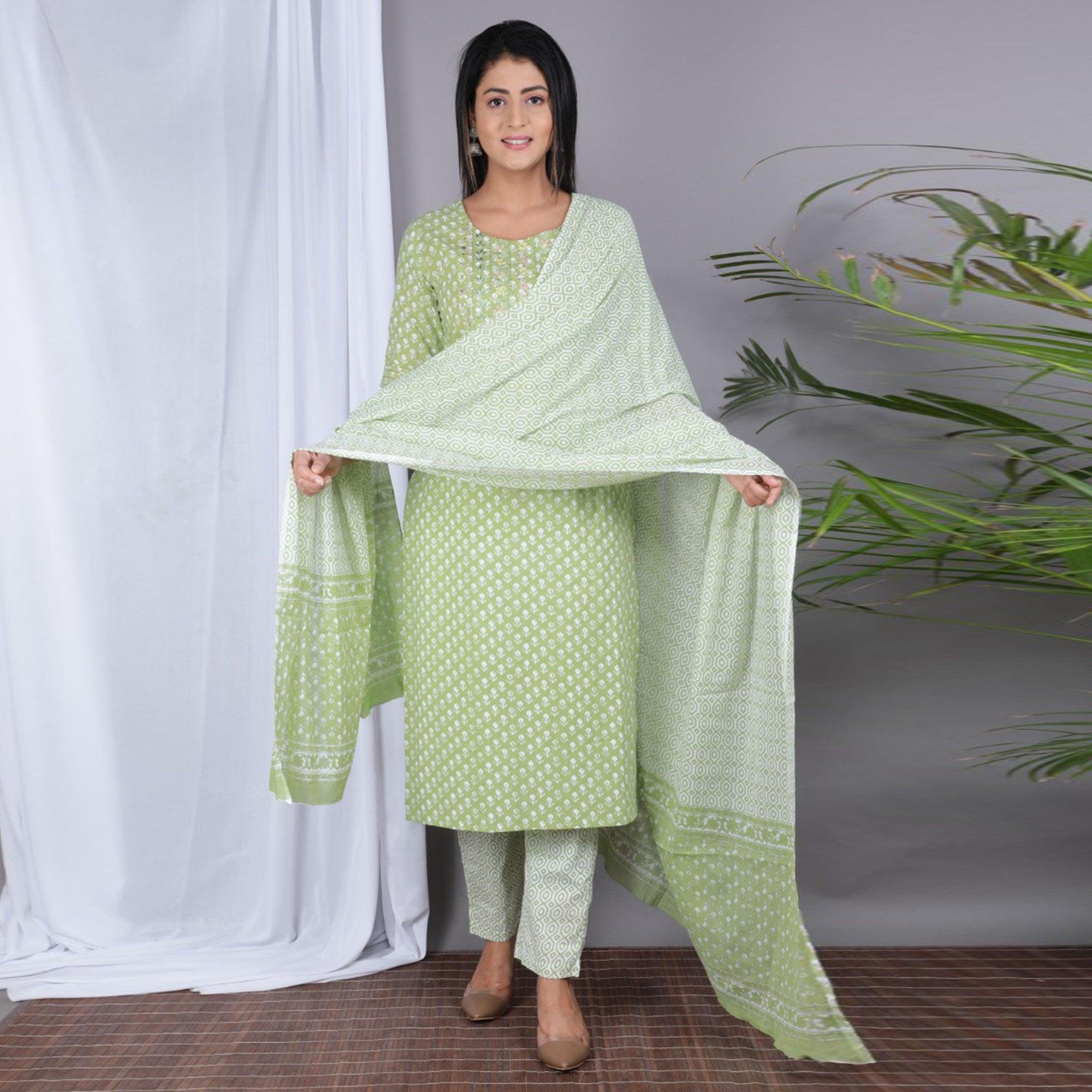 Green Casual Wear Printed Cotton Kurti Pant Set With Dupatta - Peachmode