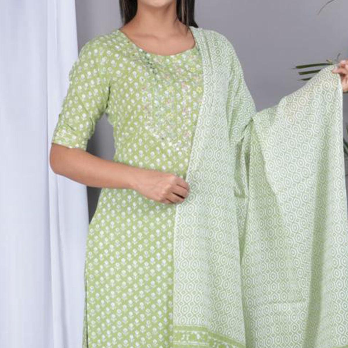 Green Casual Wear Printed Cotton Kurti Pant Set With Dupatta - Peachmode