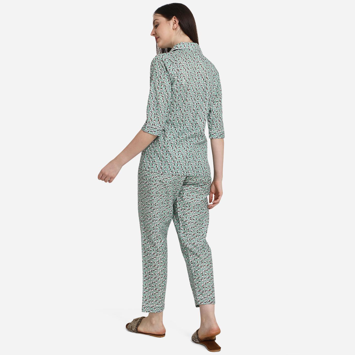 Green Casual Wear Printed Cotton Night Suit - Peachmode