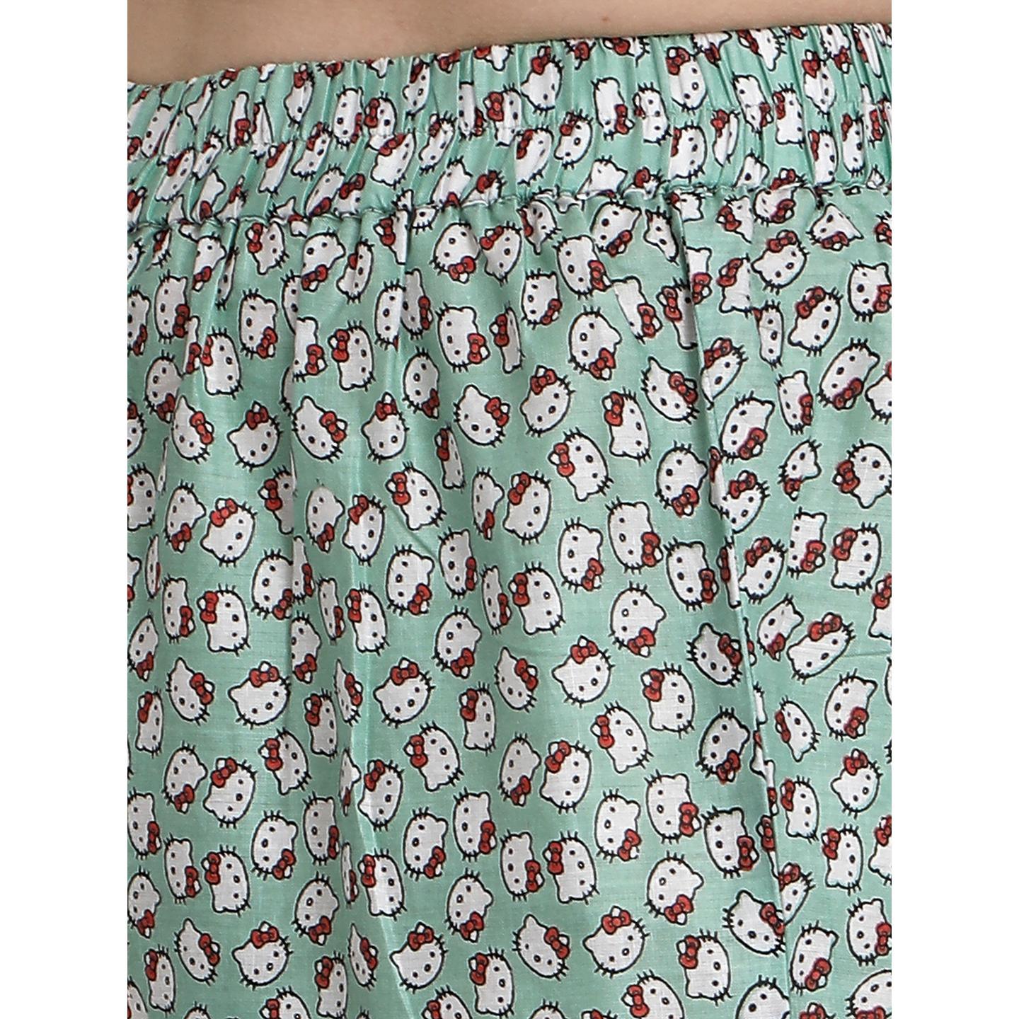 Green Casual Wear Printed Cotton Night Suit - Peachmode