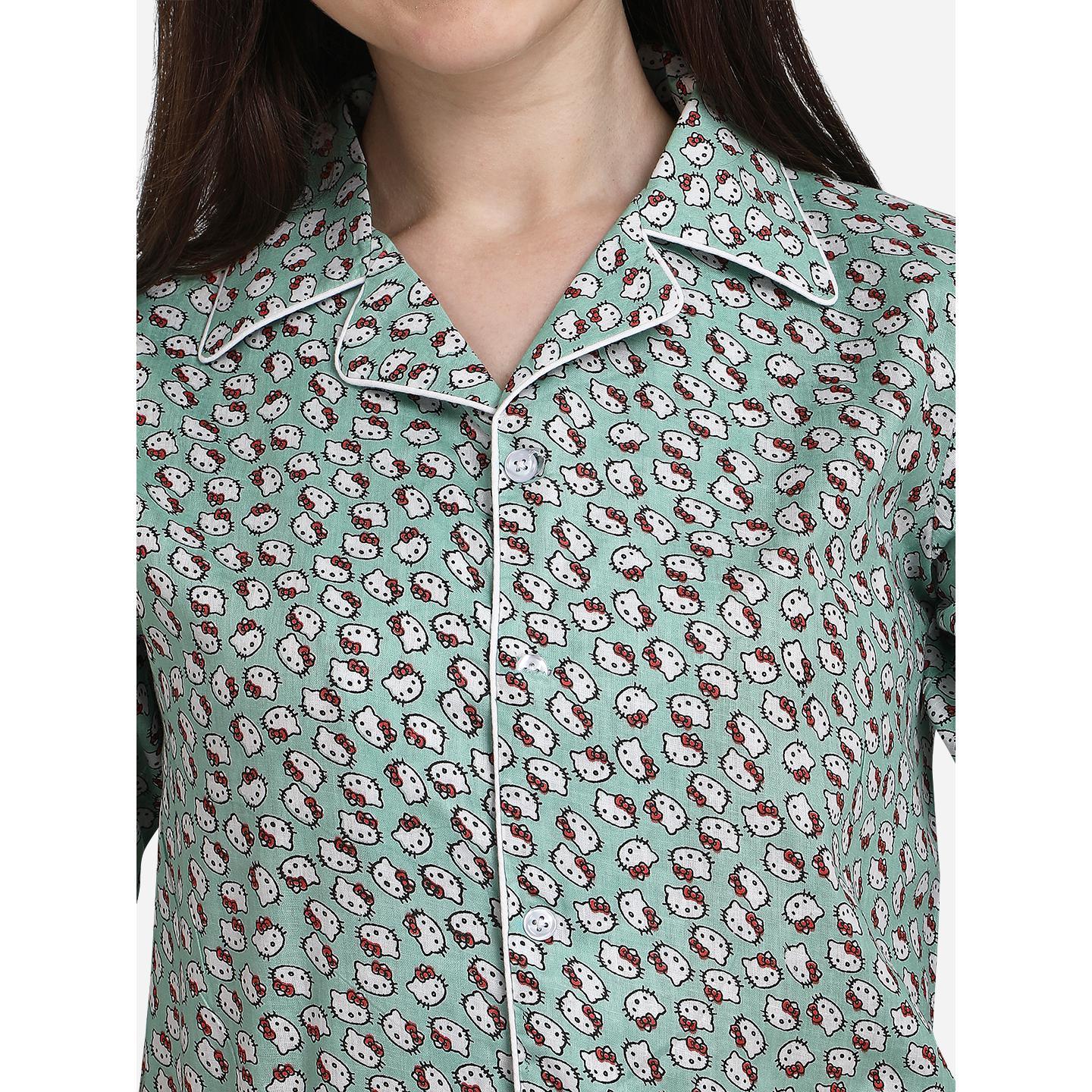Green Casual Wear Printed Cotton Night Suit - Peachmode