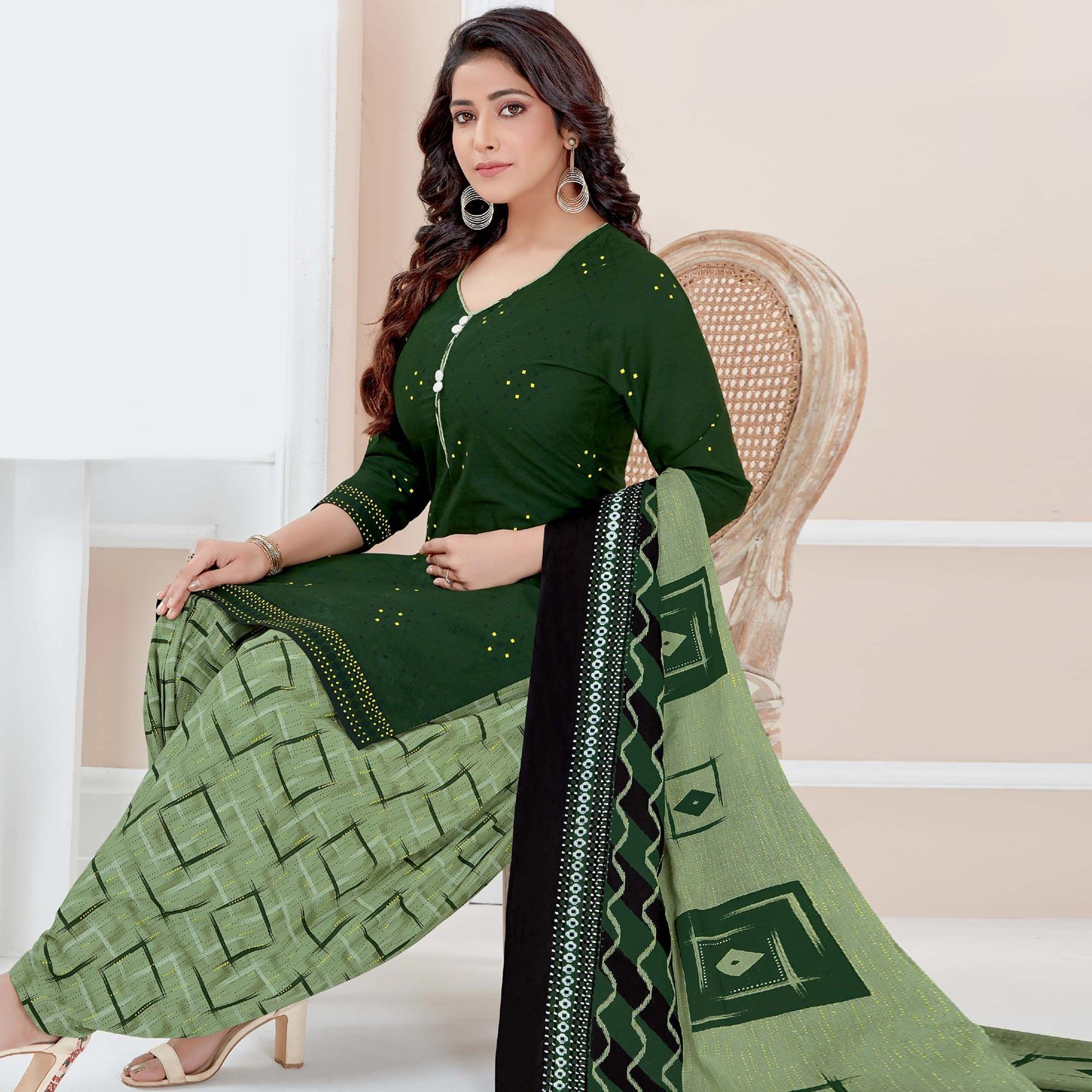 Green Casual Wear Printed Cotton Patiala Dress Material - Peachmode