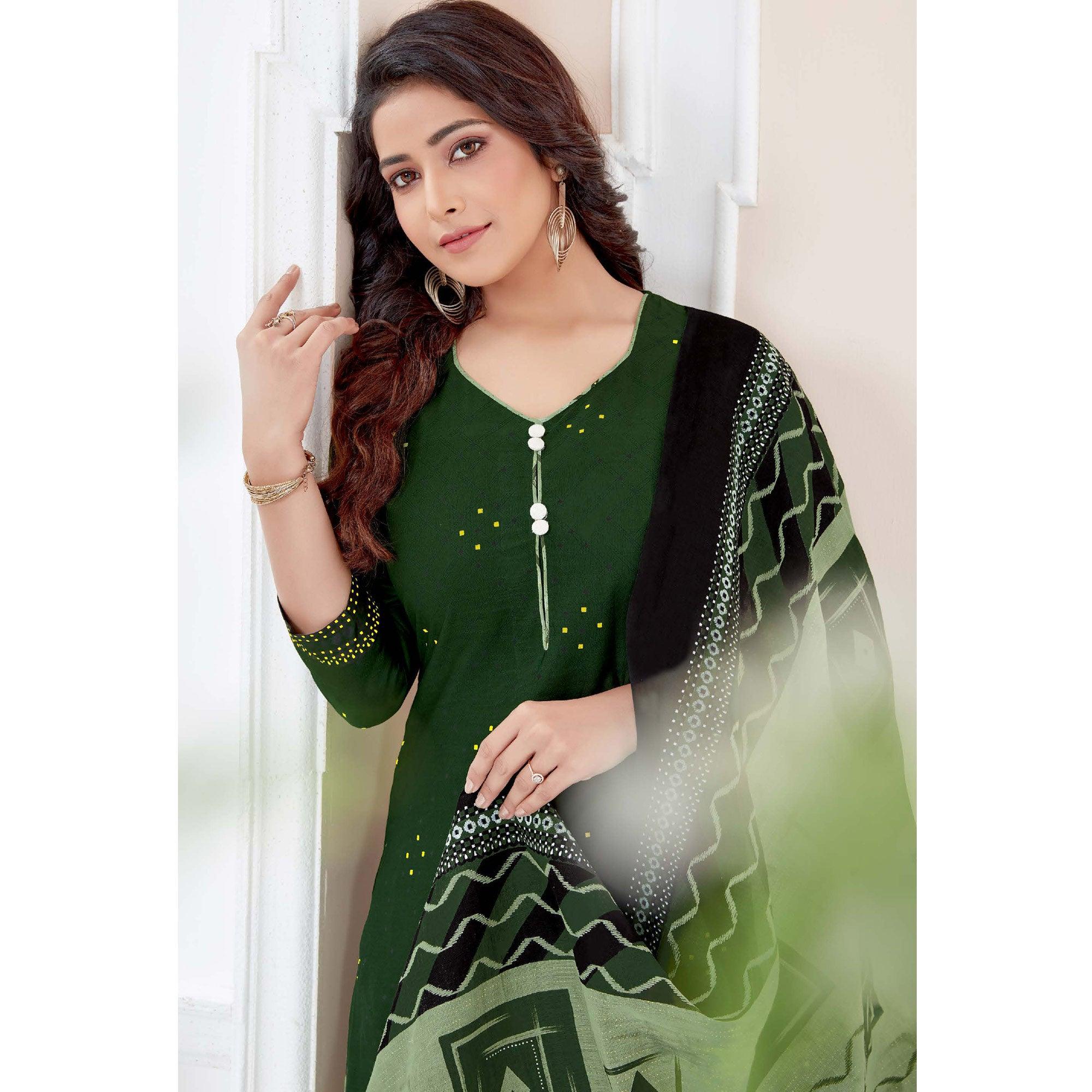 Green Casual Wear Printed Cotton Patiala Dress Material - Peachmode