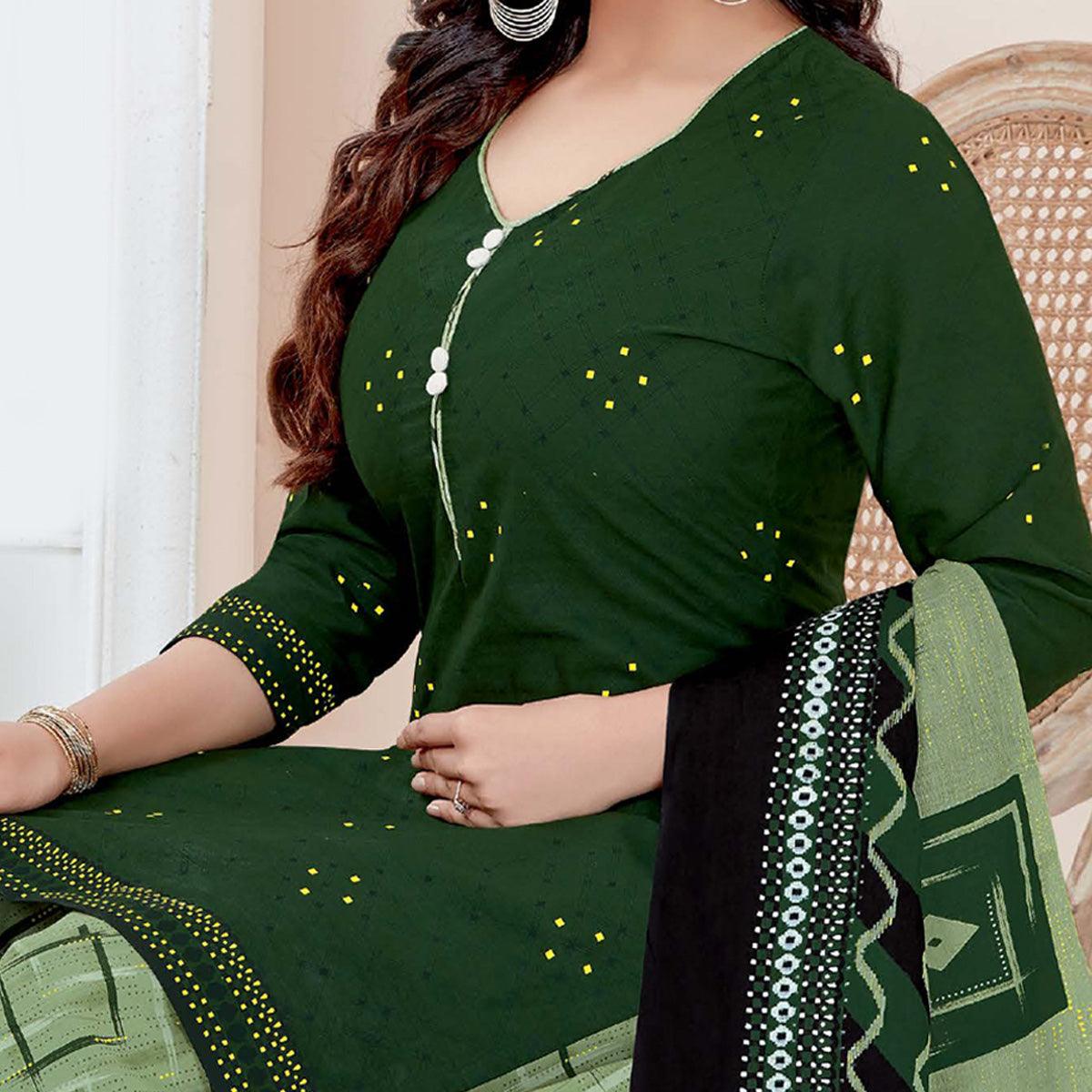 Green Casual Wear Printed Cotton Patiala Dress Material - Peachmode