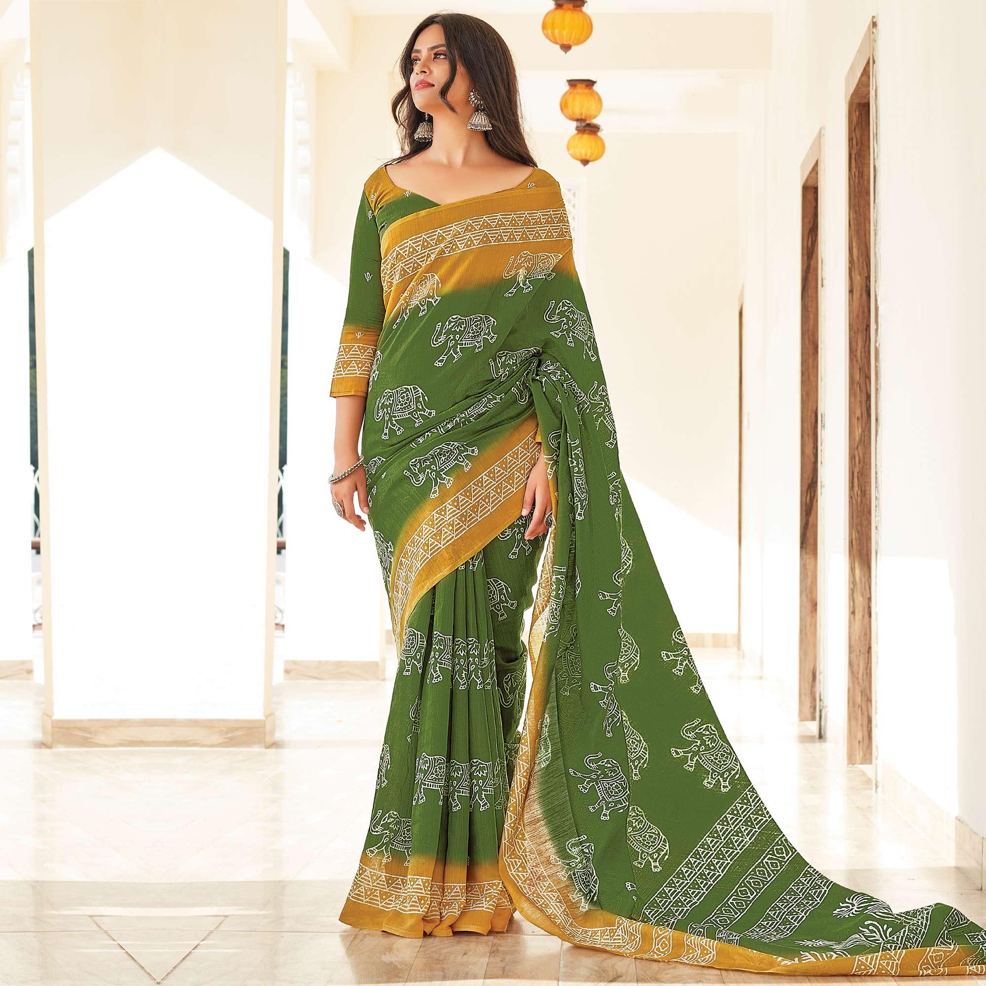 Green Casual Wear Printed Cotton Saree - Peachmode