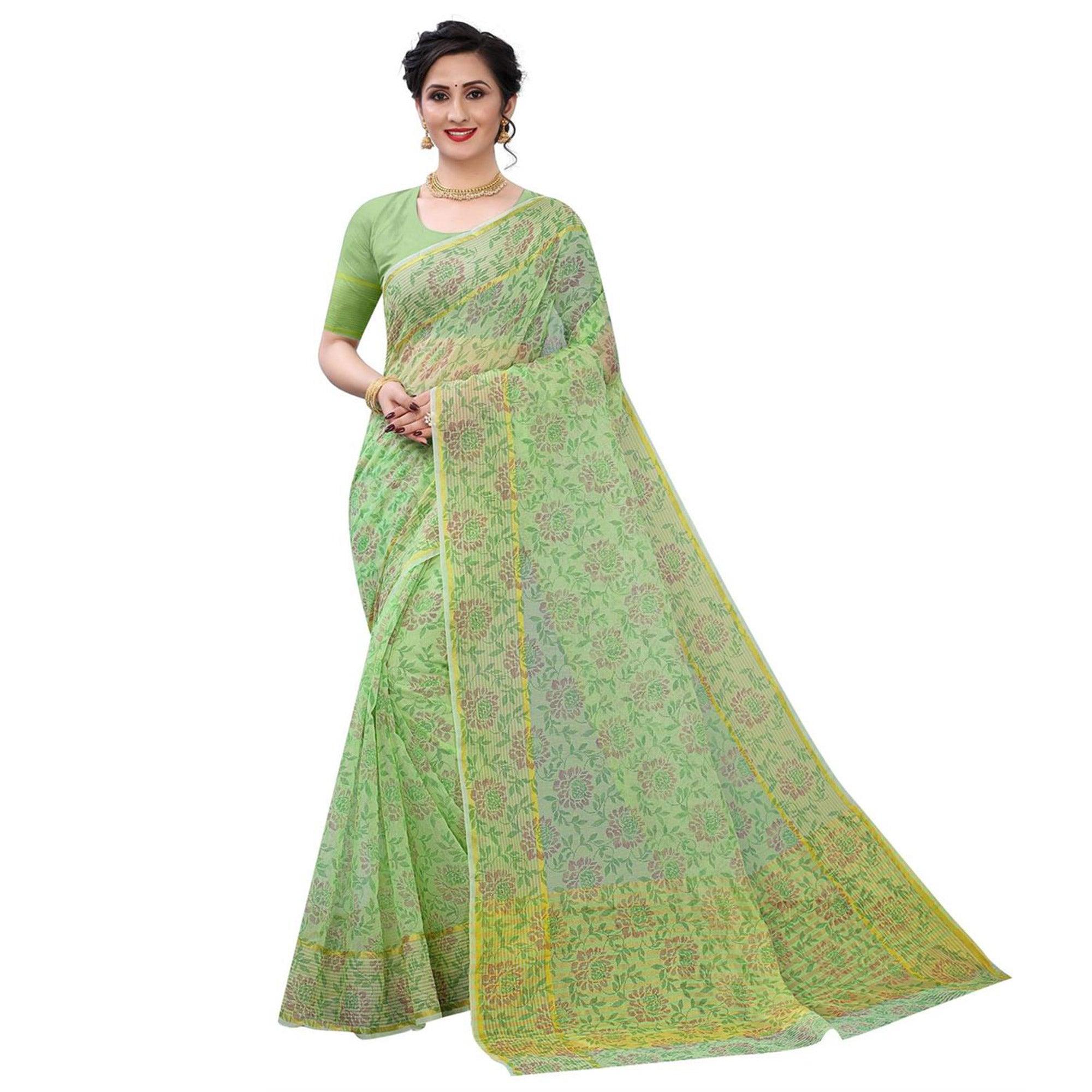 Green Casual Wear Printed Cotton Saree - Peachmode