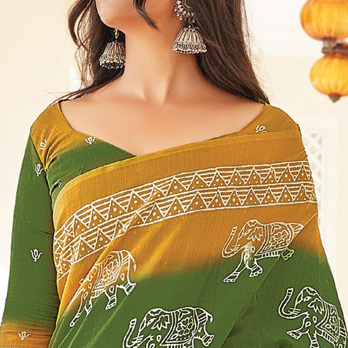 Green Casual Wear Printed Cotton Saree - Peachmode