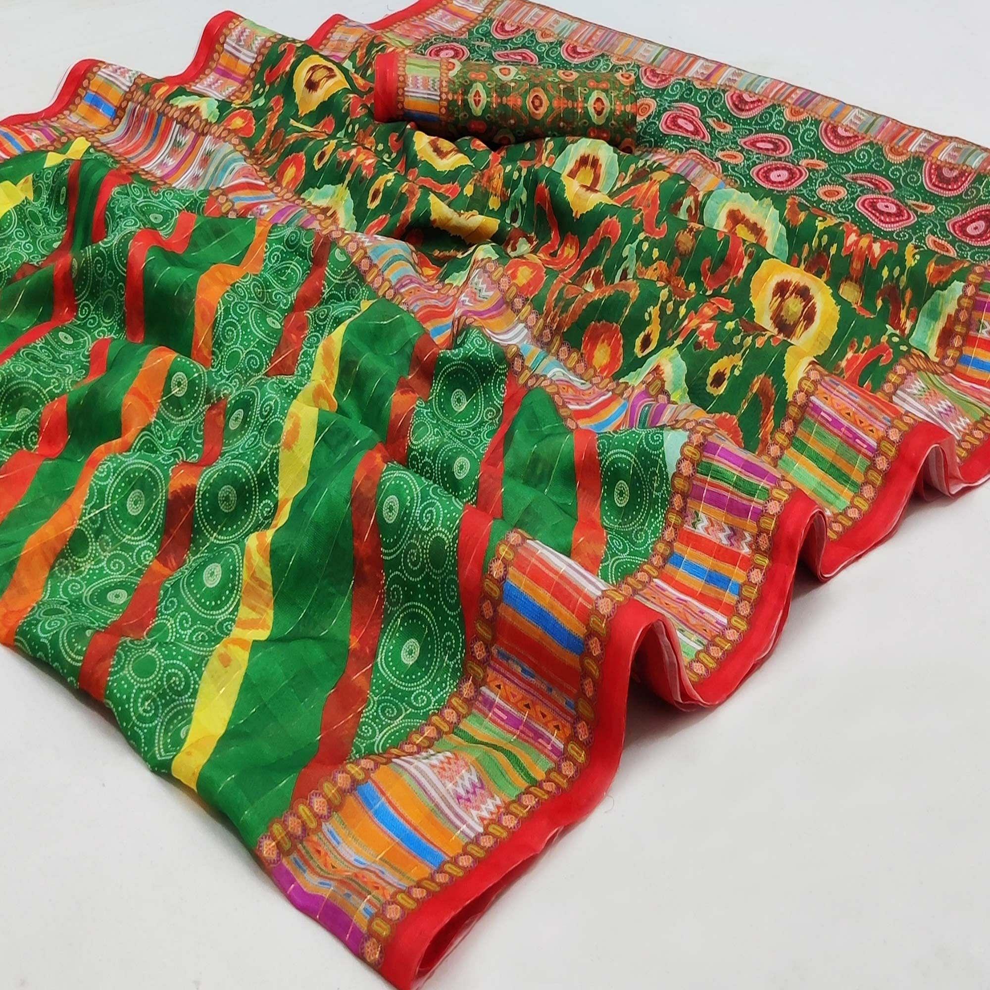 Green Casual Wear Printed Cotton Silk Saree - Peachmode