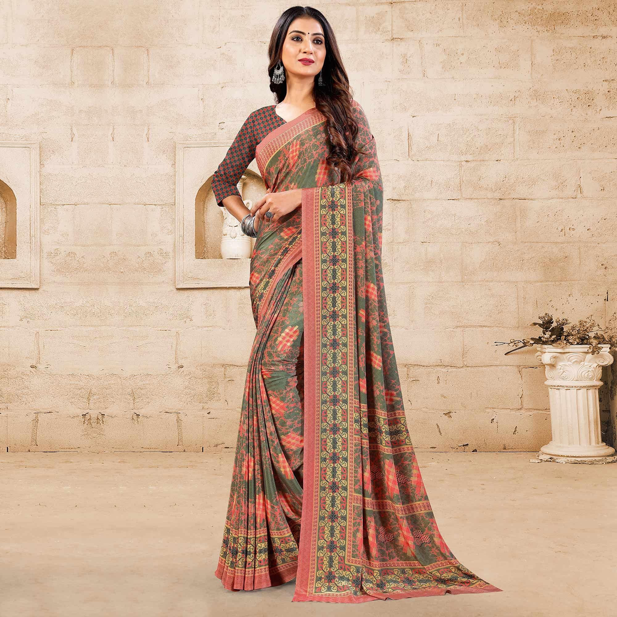 Green Casual Wear Printed Crepe Saree - Peachmode
