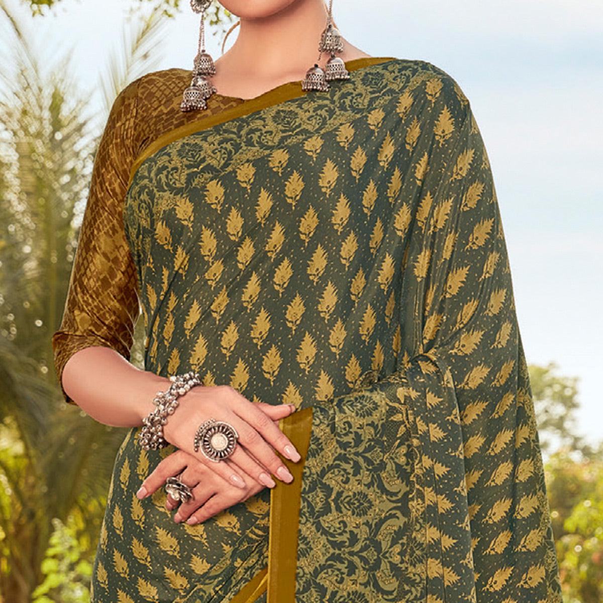 Green Casual Wear Printed Crepe Saree - Peachmode