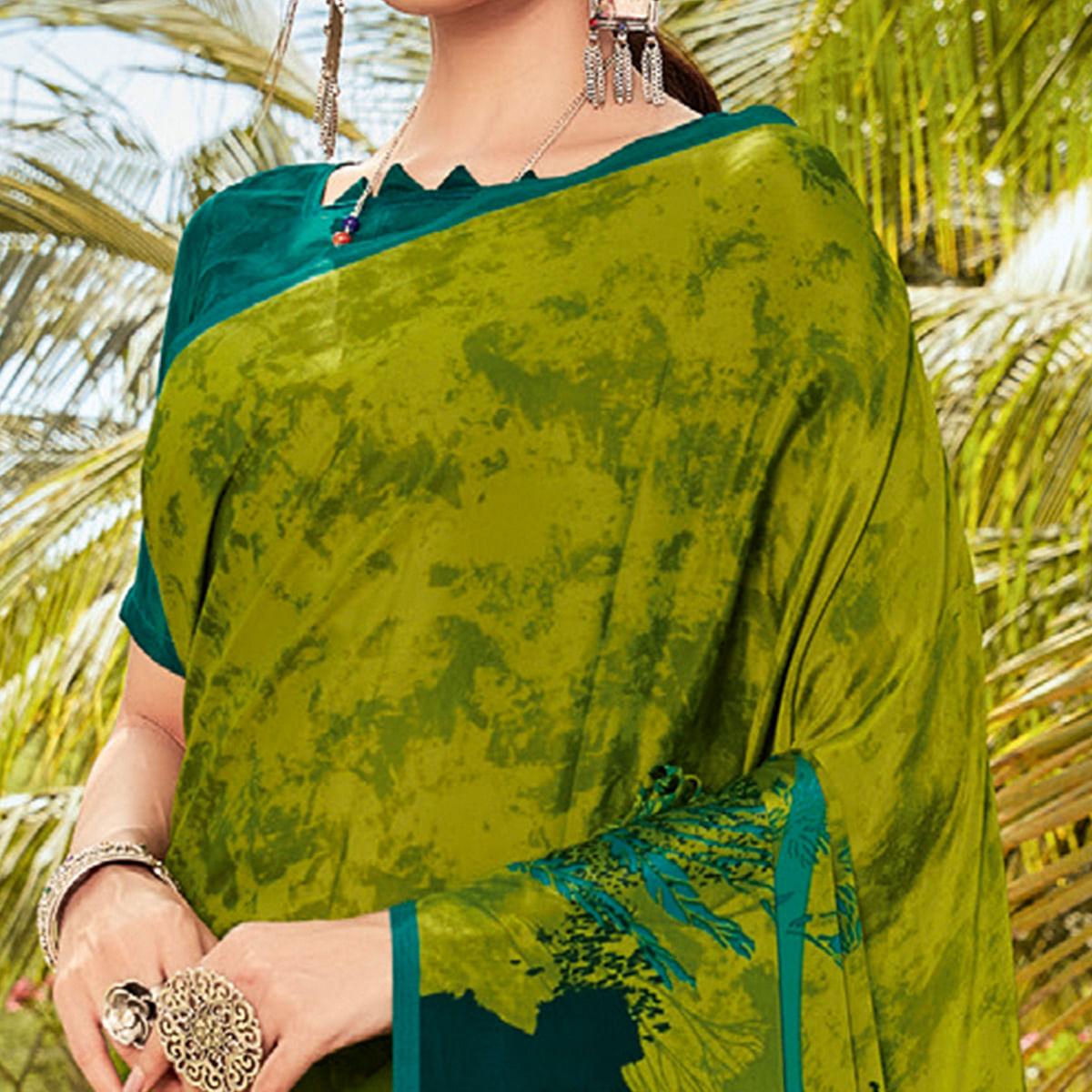 Green Casual Wear Printed Crepe Saree - Peachmode