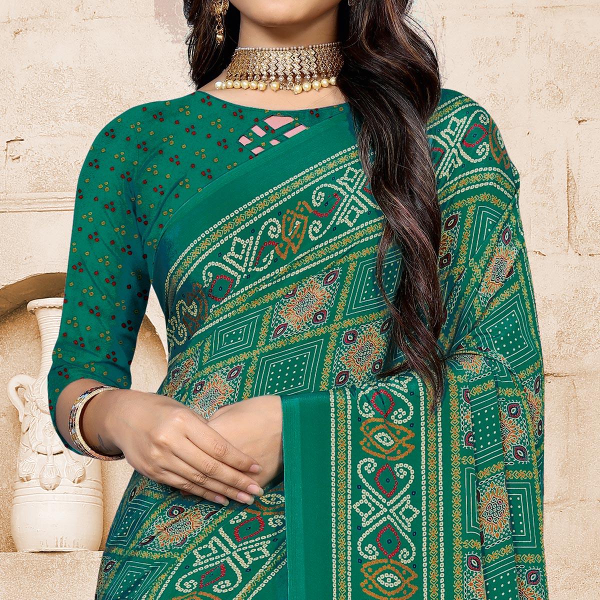 Green Casual Wear Printed Crepe Saree - Peachmode