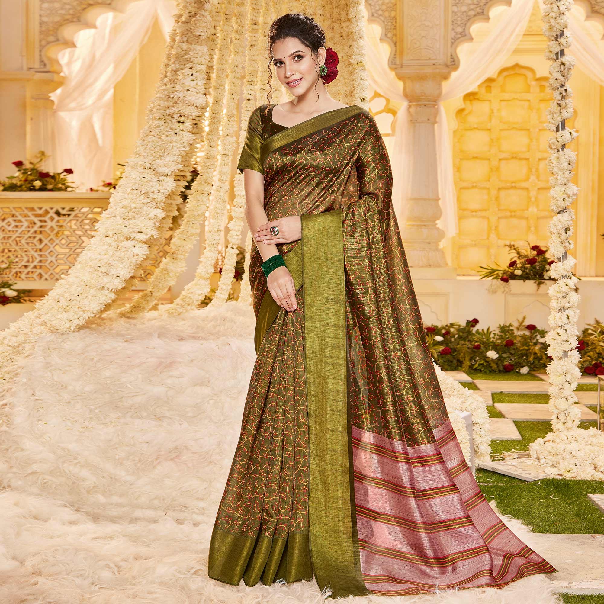 Green Casual Wear Printed Crystal Silk Saree - Peachmode