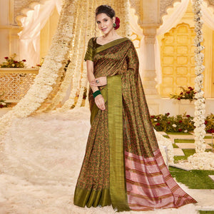 Green Casual Wear Printed Crystal Silk Saree - Peachmode