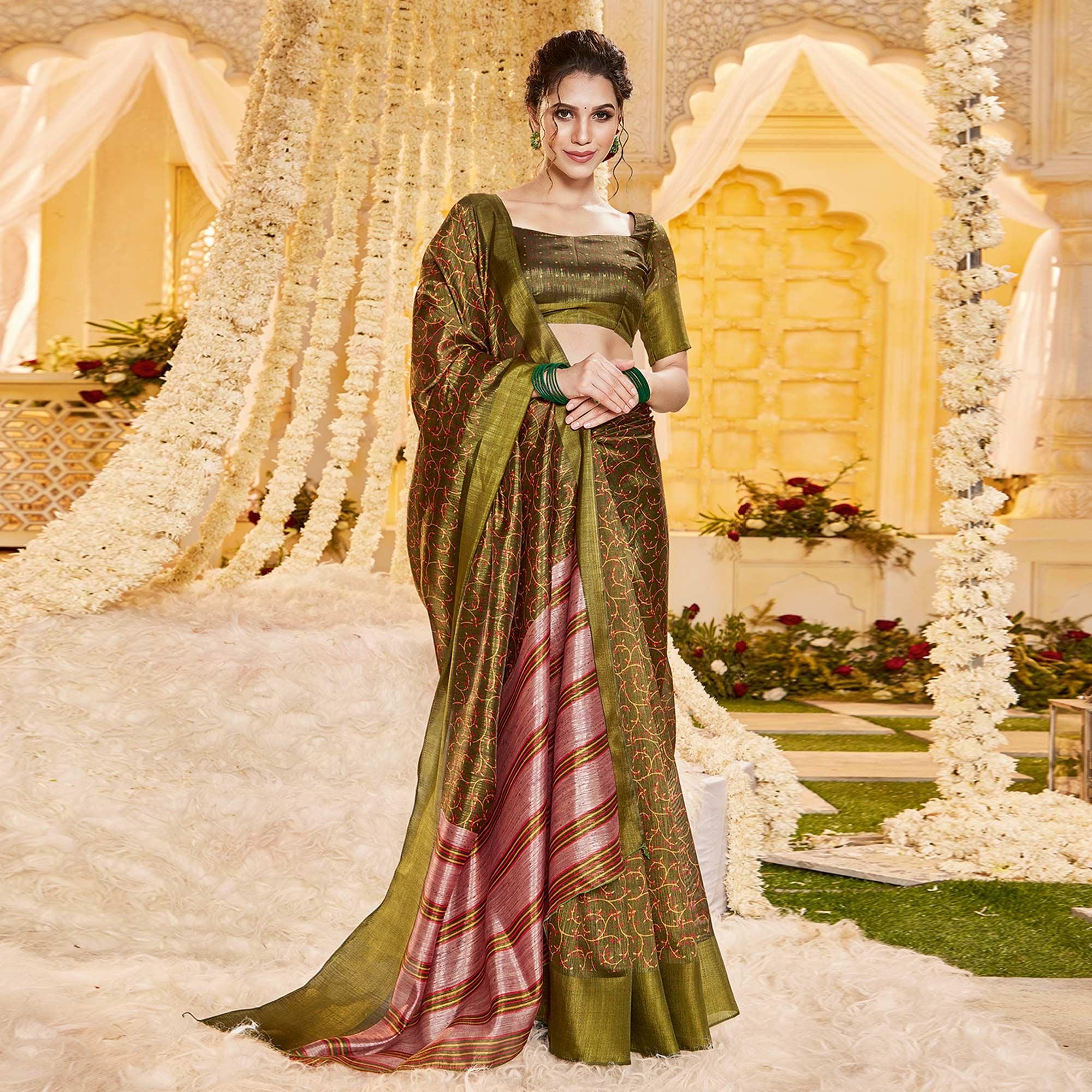 Green Casual Wear Printed Crystal Silk Saree - Peachmode