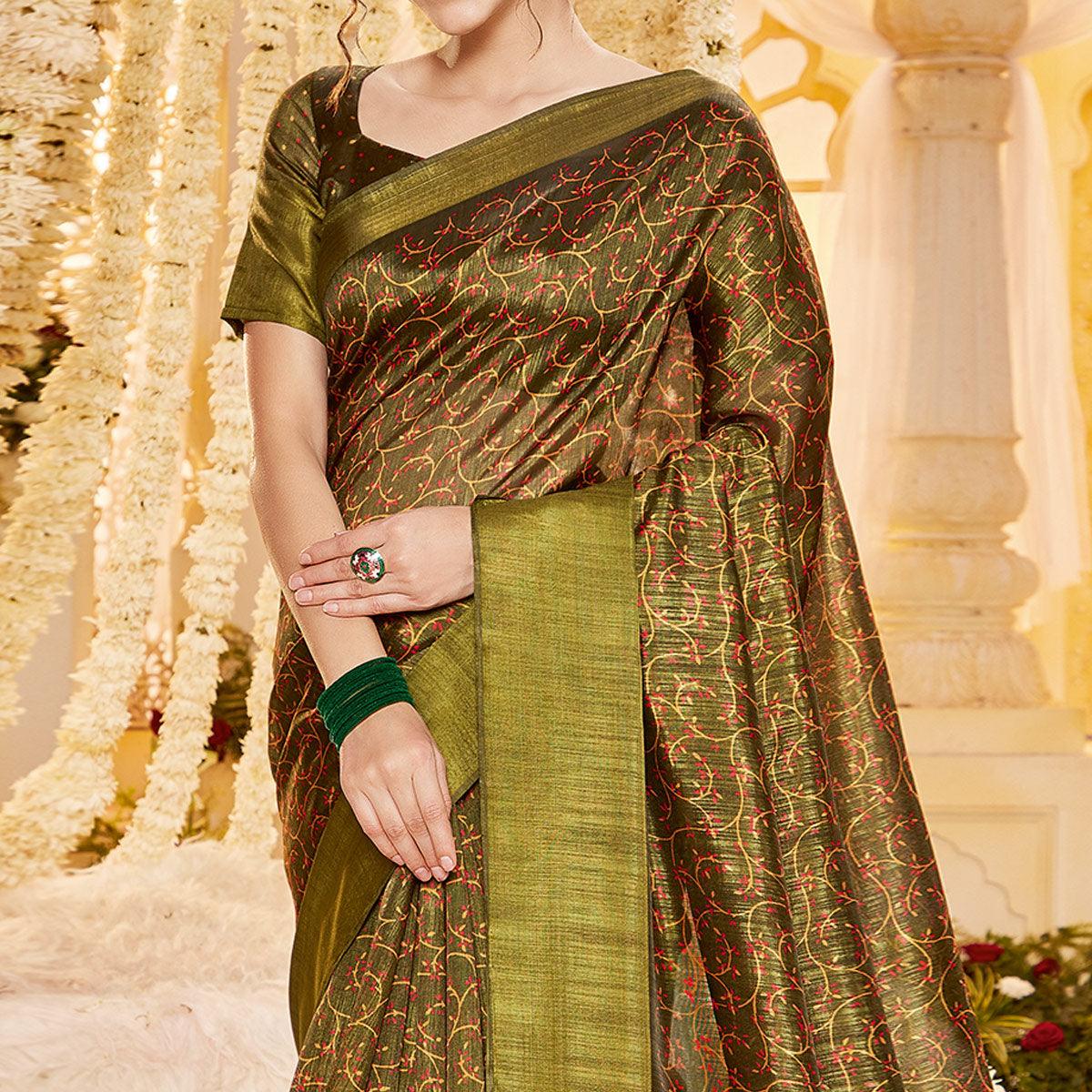 Green Casual Wear Printed Crystal Silk Saree - Peachmode